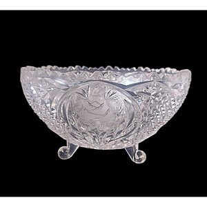 American Brilliant Cut Glass Crystal Bowl with Etched Flowers and Diamond Point